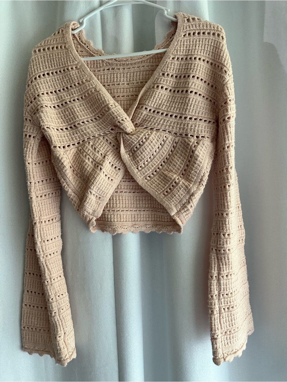 Twist-Front Open-Knit Crop Sweater - soft pink